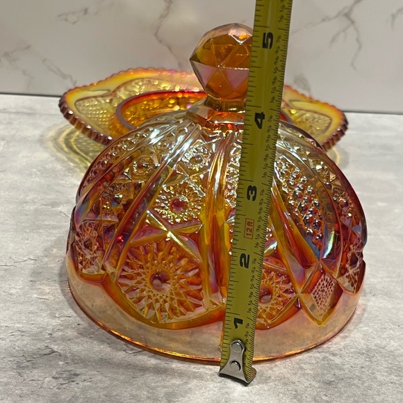 Indiana Glass Co. Iridescent Sunset Carnival Glass Round Butter Dish orange - Picture 13 of 14